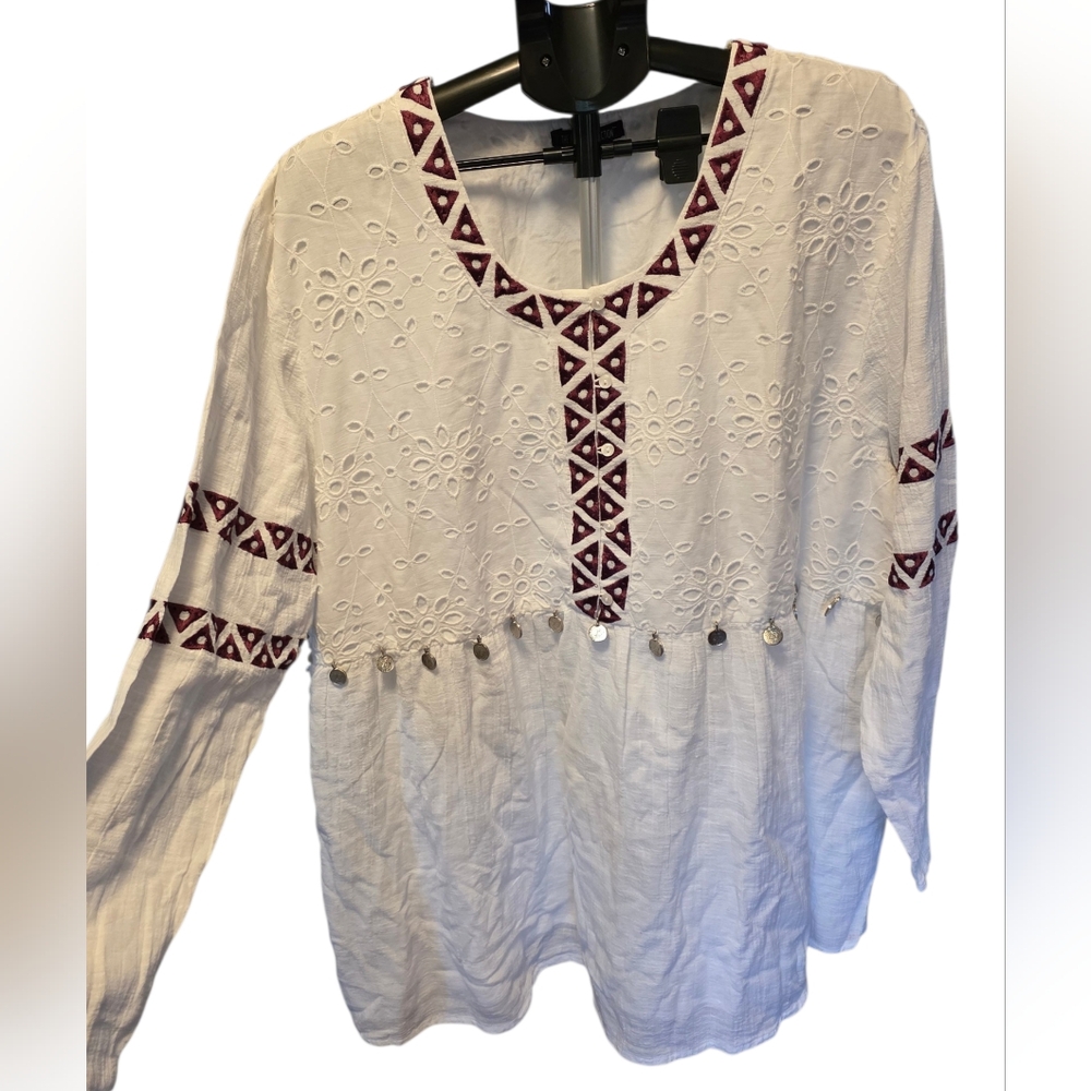 The Pyramid Collection Boho Embroidered Tunic Top 3X White Eyelet Peasant Blouse